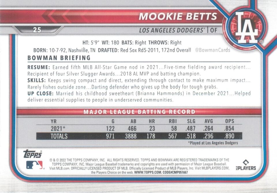 2022 Bowman Mookie Betts #25 Los Angeles Dodgers