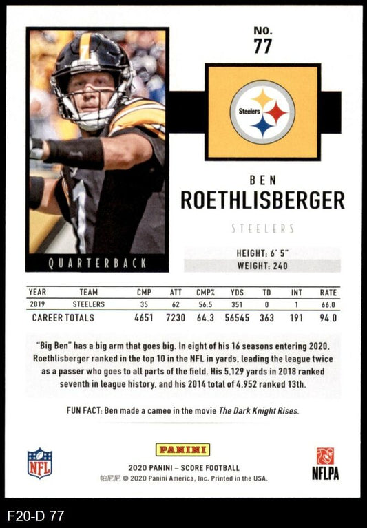 2020 Panini Score Ben Roethlisberger #77 Pittsburgh Steelers