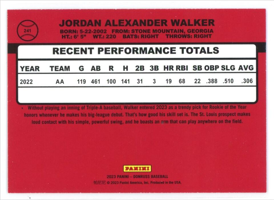 2023 Donruss Holo Pink 1990 Jordan Walker St. Louis Cardinals #241