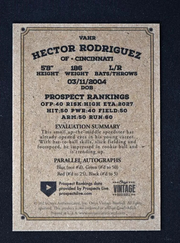 2023 Onyx Vintage Blue Signatures #VAHR Hector Rodriguez - Cincinnati Reds