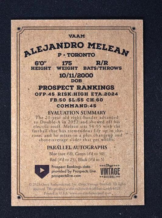 2023 Onyx Vintage Blue Signatures #VAAM Alejandro Melean Toronto Blue Jays