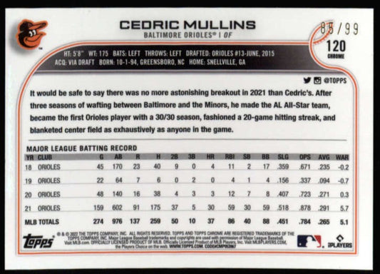 CEDRIC MULLINS 2022 TOPPS CHROME #120 GREEN WAVE REFRACTOR 04/99 ISA 9 Mint