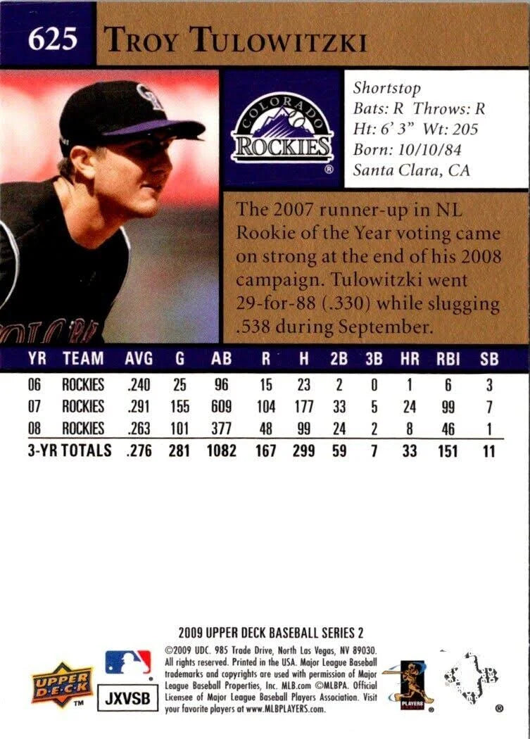 2009 Upper Deck Troy Tulowitzki #625 Colorado Rockies