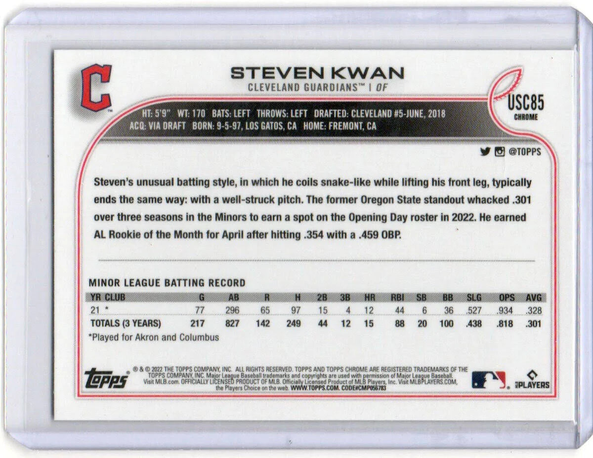 2022 Topps Chrome Update Steven Kwan Rookie Purple Refractor #USC85 Guardians RC