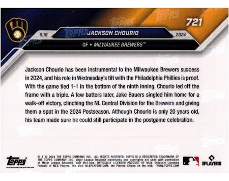 2024 Topps Now Jackson Chourio #721 Milwaukee Brewers