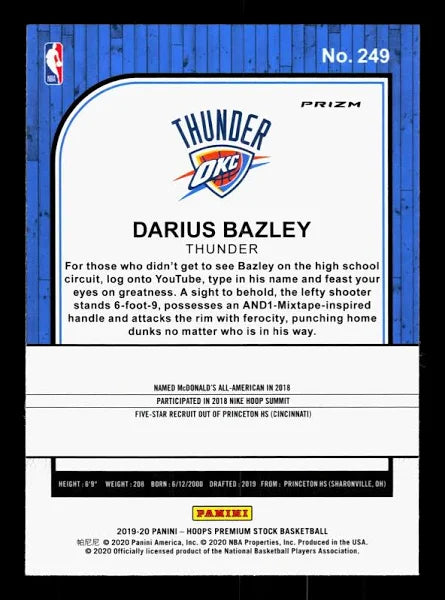 2019-20 Hoops Premium Stock Darius Bazley Rookie Silver Prizm #249 Oklahoma City Thunder