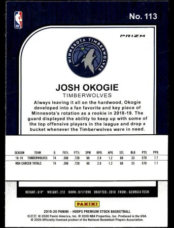 2019-20 Panini NBA Hoops Premium Prizms Purple Disco Josh Okogie #113 Minnesota Timberwolves