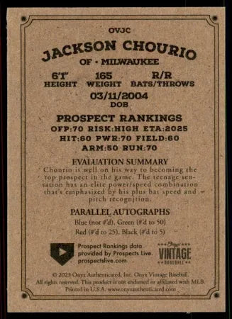 2023 Onyx Vintage #VAJC Jackson Chourio - Milwaukee Brewers