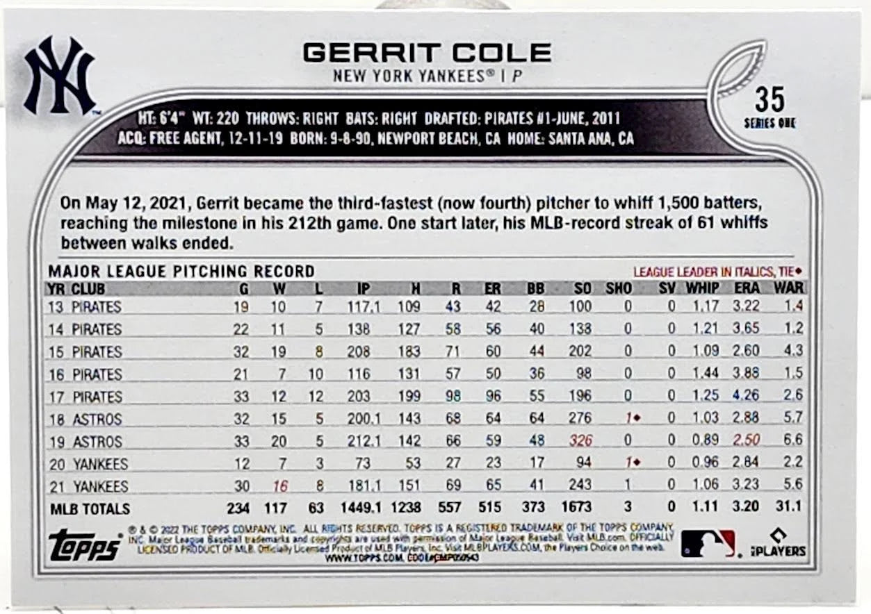2022 Topps Series 1 Gerrit Cole #35 New York Yankees