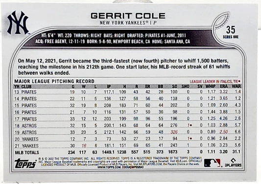 2022 Topps Series 1 Gerrit Cole #35 New York Yankees
