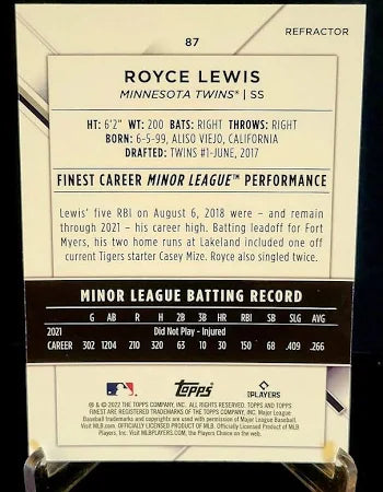 2022 TOPPS Finest Royce Lewis Rookie #87 Minnesota Twins