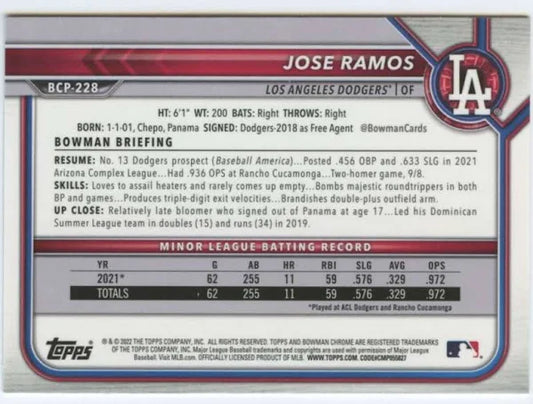 2022 Bowman Chrome Prospects Jose Ramos Mojo Refractors #BCP-228 Los Angeles Dodgers