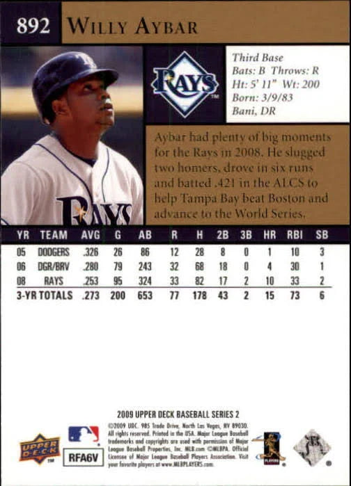 2009 Upper Deck Willy Aybar #892 Tampa Bay Rays