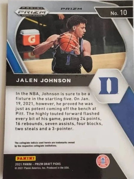 2021 Panini Prizm Jalen Johnson Rookie Red, White and Blue Prizms #10 Duke Blue Devils