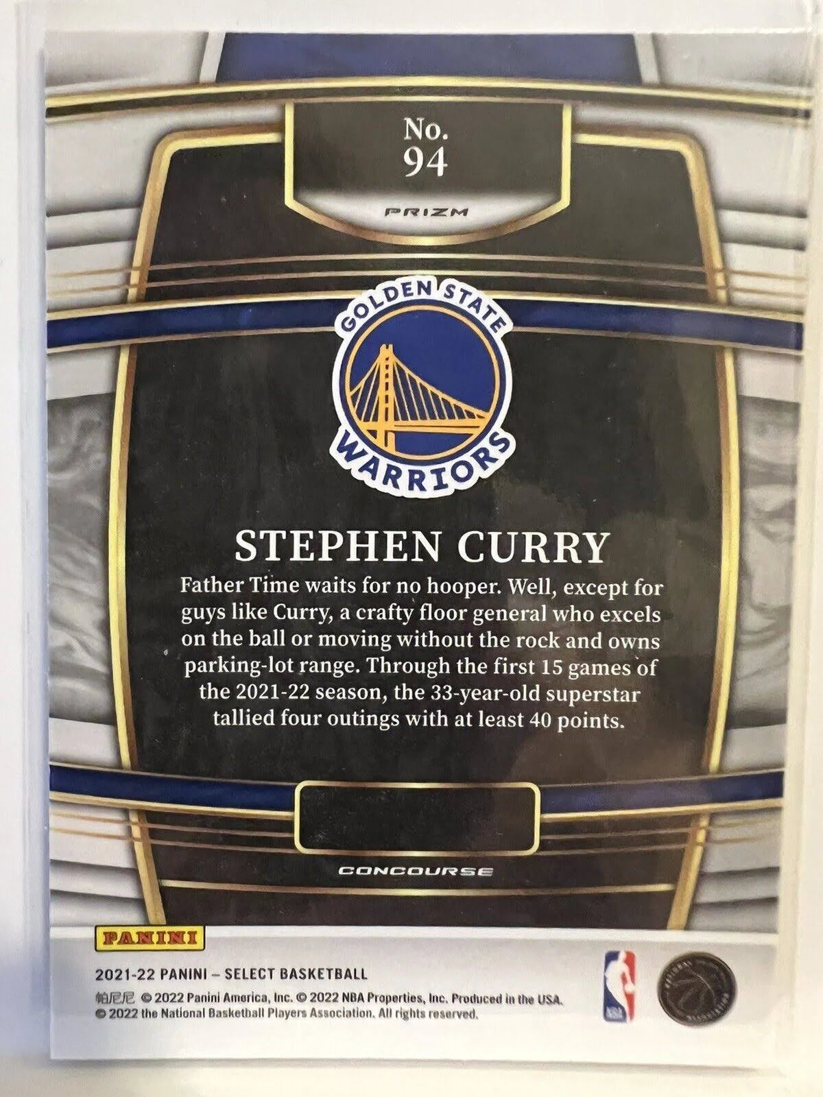 2021-22 Panini Select Stephen Curry Blue Prizm #94 Golden State Warriors