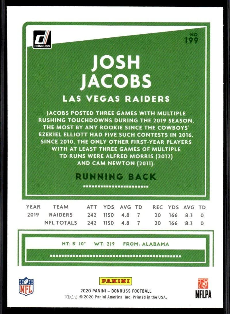 2020 Panini Donruss Josh Jacobs #199 Las Vegas Raiders