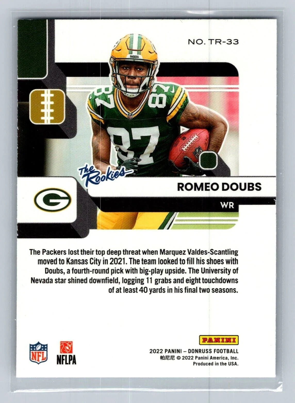 Romeo Doubs 2022 Panini Donruss Optic The Rookies RC #TR-33 Green Bay Packers