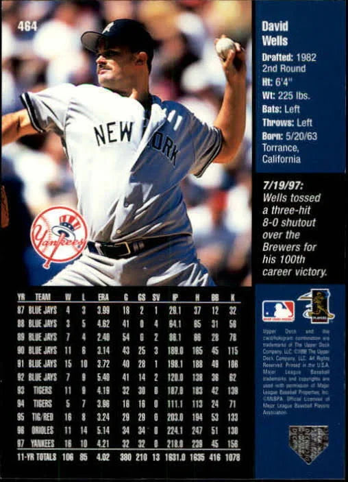1998 Upper Deck David Wells #464 New York Yankees