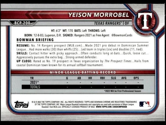 2022 Bowman Chrome Prospects Yeison Morrobel Mojo Refractors #BCP-200 Texas Rangers