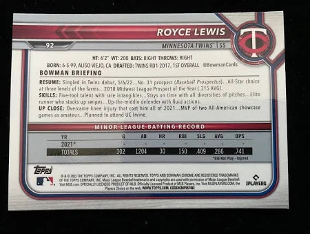 2022 Bowman Chrome Saphire Royce Lewis RC #92 Minnesota Twins