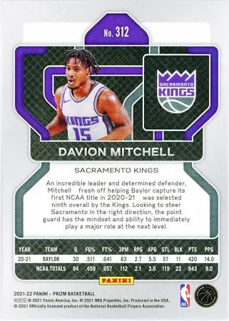 2021-22 Panini Prizm Davion Mitchell Rookies #312 Sacramento Kings