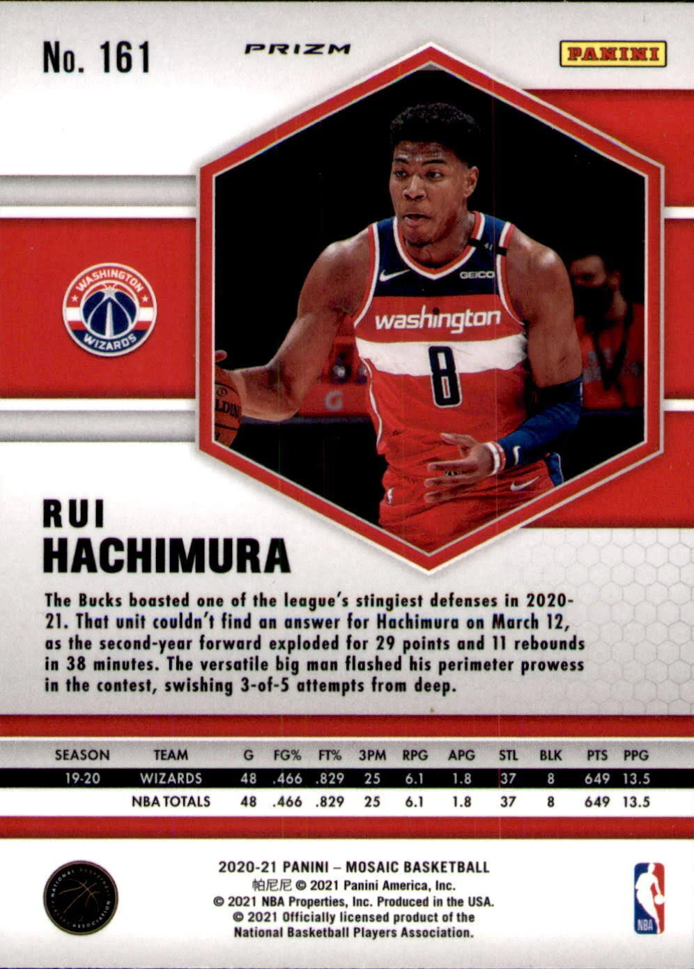 2020-21 Panini Mosaic Orange Mosaic Rui Hachimura #161 Washington Wizards