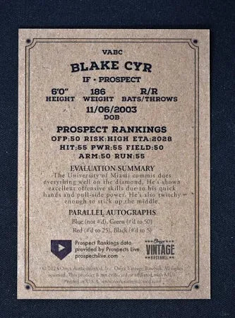 2023 Onyx Vintage Blue Signatures #VABC Blake Cyr RC - Miami Hurricanes