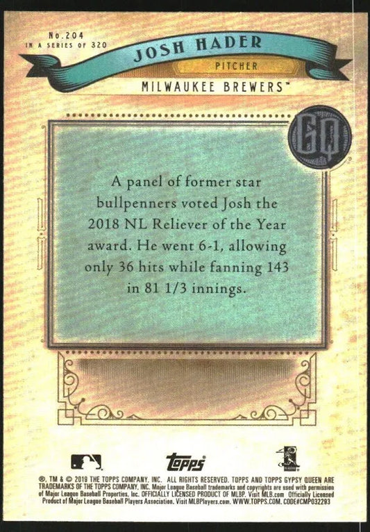 2019 Topps Gypsy Queen Purple Josh Hader #204 Milwaukee Brewers