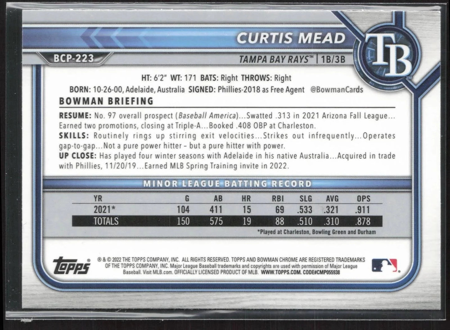 2022 Bowman Chrome Prospects Curtis Mead Mojo Refractors #BCP-223 Tampa Bay Rays