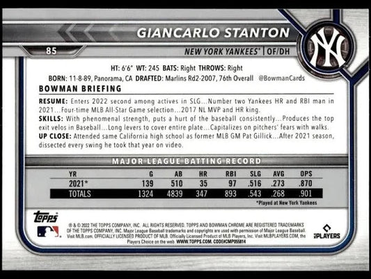 2022 Bowman Chrome Giancarlo Stanton #85 New York Yankees