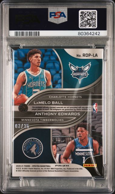 2020-21 Spectra RC Rookie Dual Patch Auto 3/25 Anthony Edwards / LaMelo Ball #RDPLA PSA