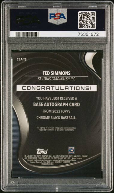 2022 Ted Simmons On-Card AUTO Topps CHROME BLACK #CBA-TS Cardinals PSA 10 GEM Mint
