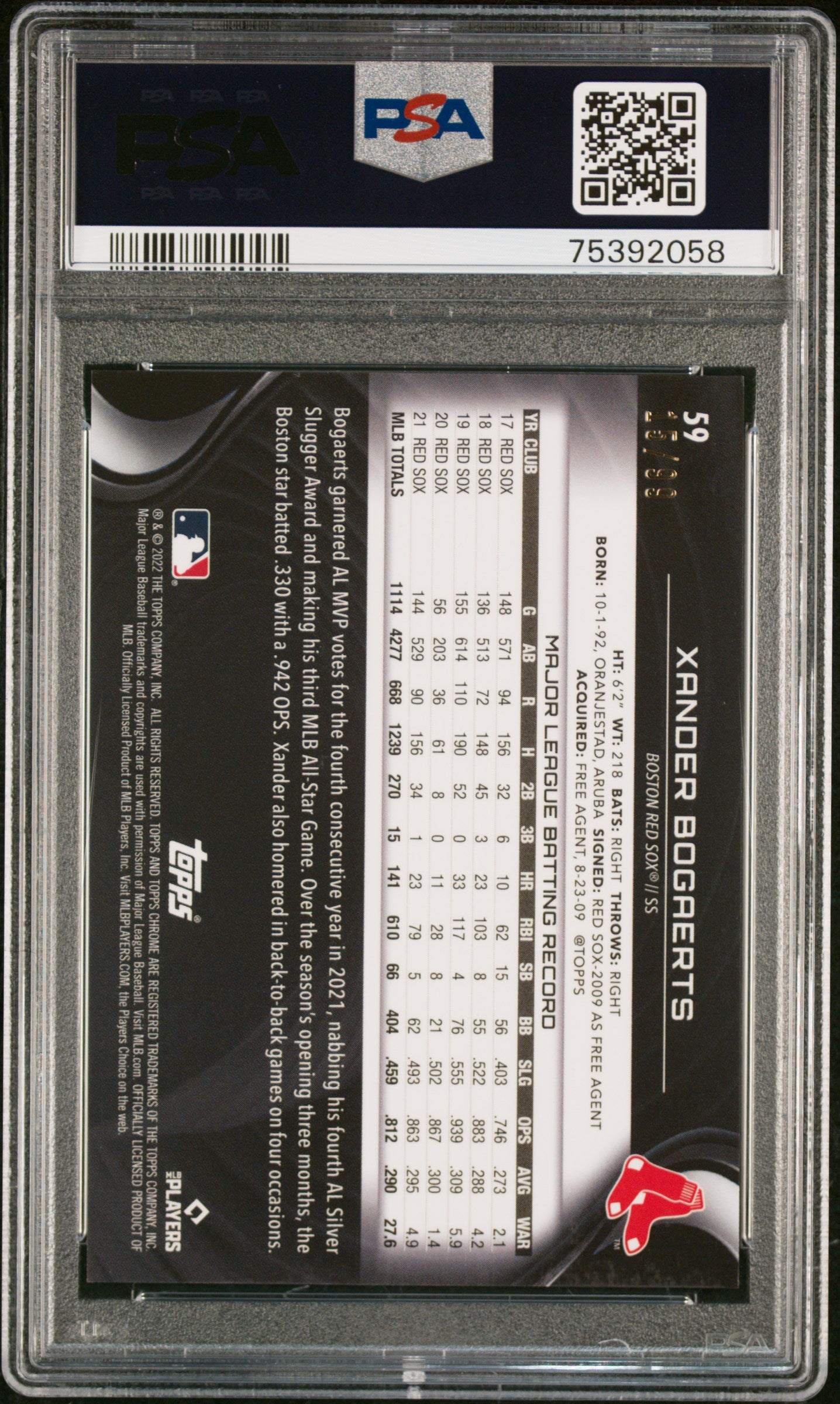 2022 Topps Chrome BLACK XANDER BOGAERTS #59 GREEN ATOMIC 15/99 PSA 9 Mint POP 1