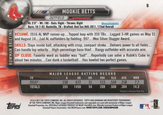 2017 Bowman Mookie Betts # 6 Boston Red Sox
