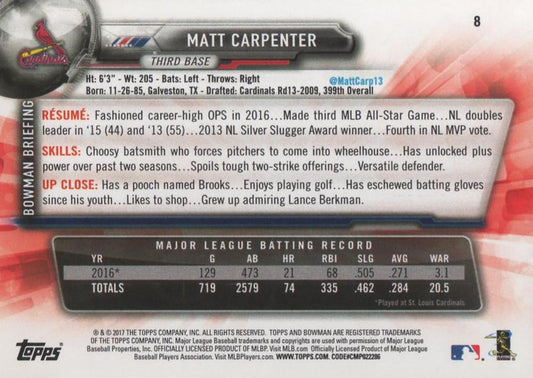 2017 Bowman Matt Carpenter # 8 St. Louis Cardinals