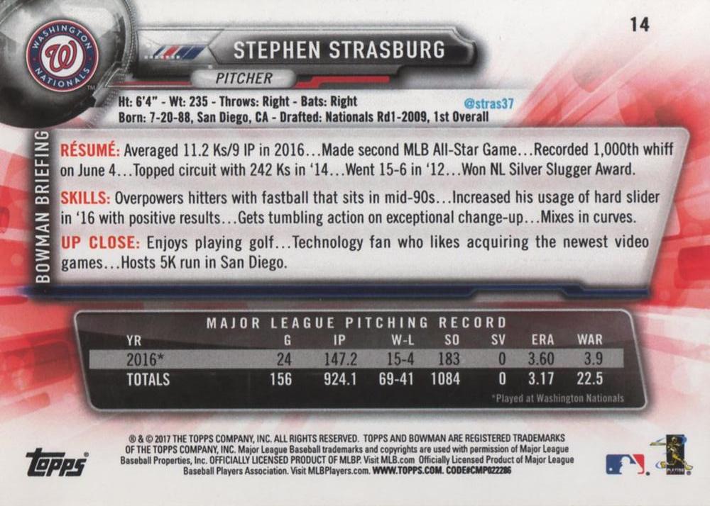 2017 Bowman Stephen Strasburg # 14 Washington Nationals