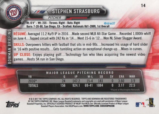 2017 Bowman Stephen Strasburg # 14 Washington Nationals