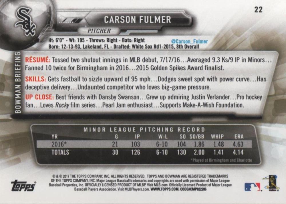 2017 Bowman Carson Fulmer RC # 22 Chicago White Sox