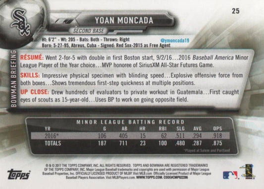 2017 Bowman Yoan Moncada RC # 25 Chicago White Sox