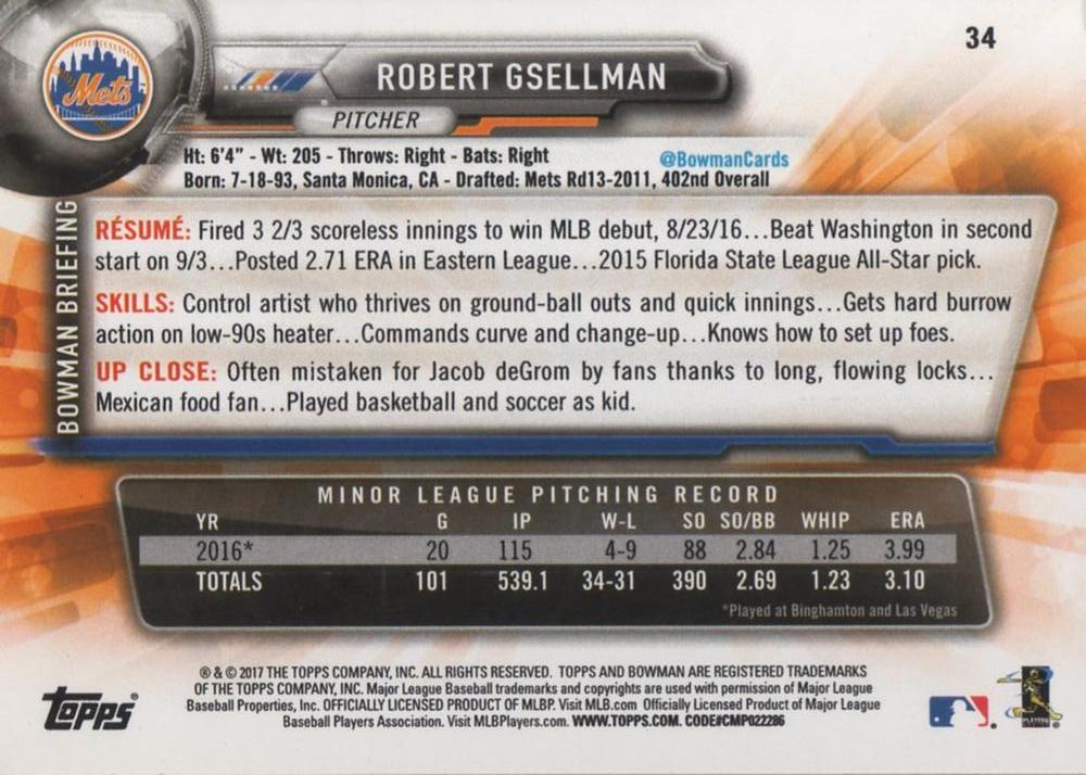 2017 Bowman Robert Gsellman RC # 34 New York Mets