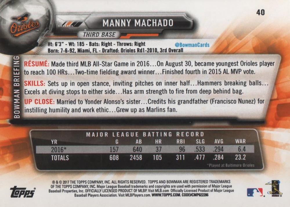2017 Bowman Manny Machado # 40 Baltimore Orioles