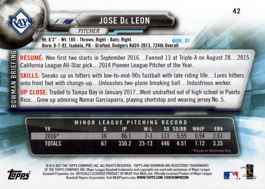 2017 Bowman Jose De Leon RC # 42 Tampa Bay Rays