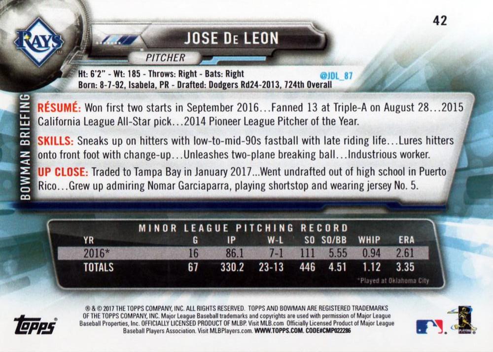 2017 Bowman Jose De Leon RC # 42 Tampa Bay Rays