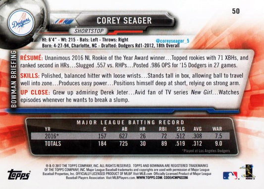 2017 Bowman Corey Seager # 50 Los Angeles Dodgers