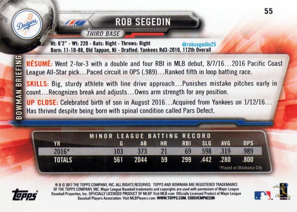 2017 Bowman Rob Segedin RC # 55 Los Angeles Dodgers