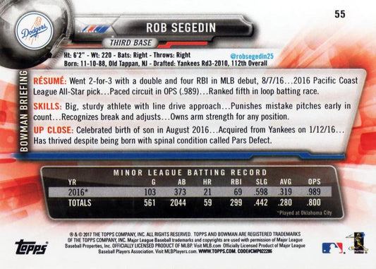 2017 Bowman Rob Segedin RC # 55 Los Angeles Dodgers