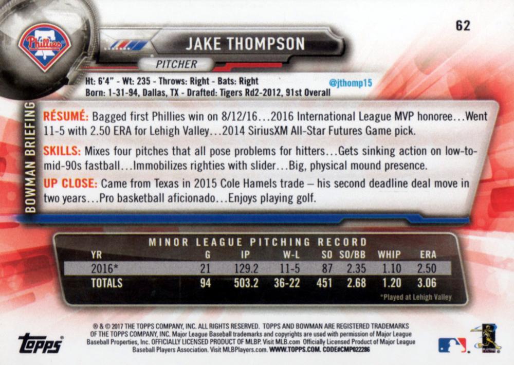 2017 Bowman Jake Thompson RC # 62 Philadelphia Phillies