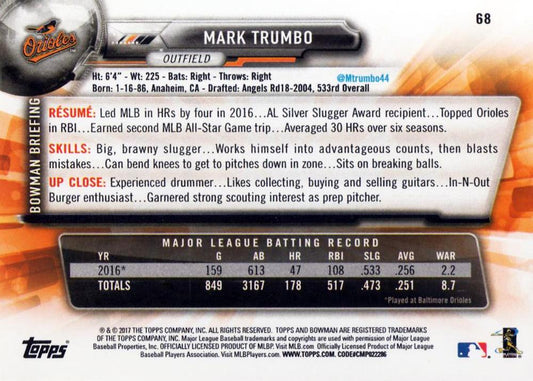 2017 Bowman Mark Trumbo # 68 Baltimore Orioles