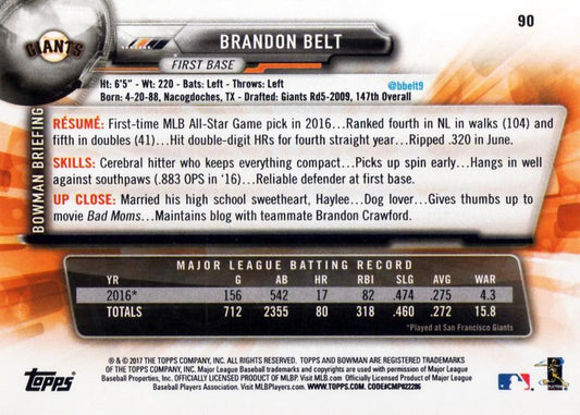 2017 Bowman Brandon Belt # 90 San Francisco Giants