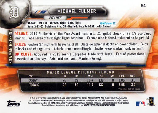 2017 Bowman Michael Fulmer # 94 Detroit Tigers